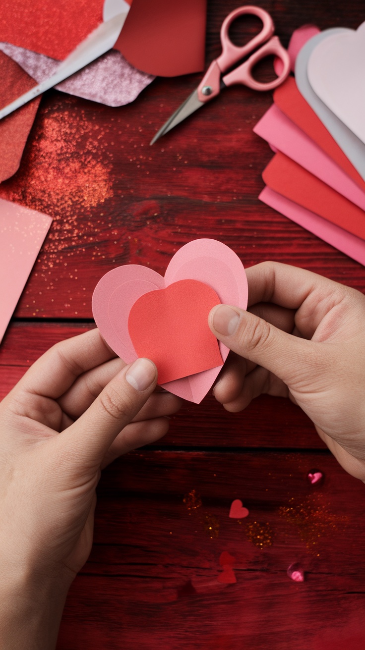 A heart-shaped craft project with colorful paper and scissors.