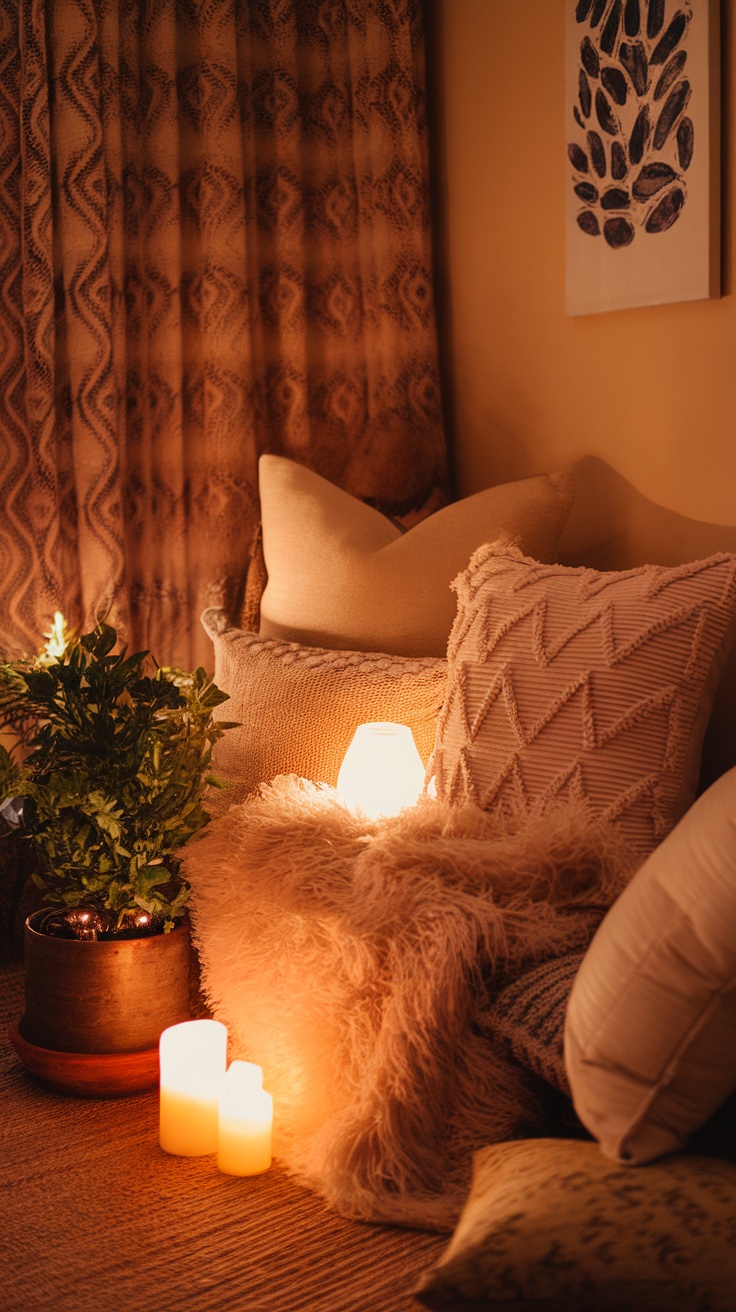 A cozy self-care sanctuary with soft pillows and warm lighting, perfect for relaxation.
