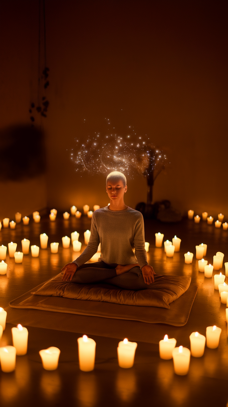 A serene meditation scene with candles and a calm atmosphere.