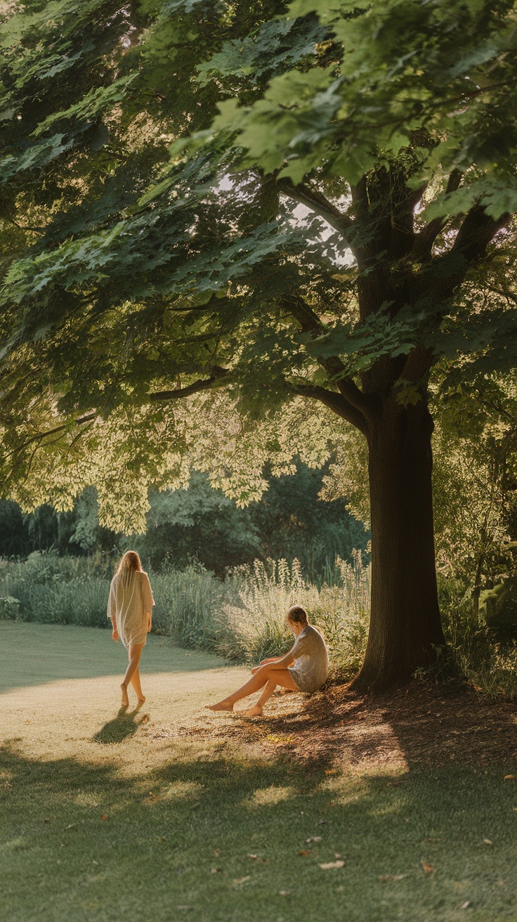 Two people enjoying time outdoors under a large tree, finding peace and connection in nature.