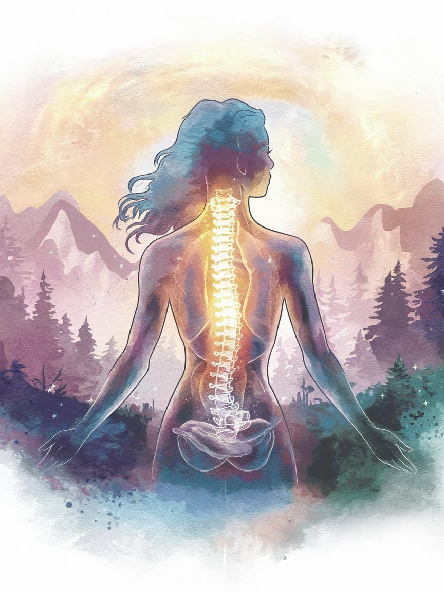 Woman's silhouette with glowing spine showing spiritual energy along the back