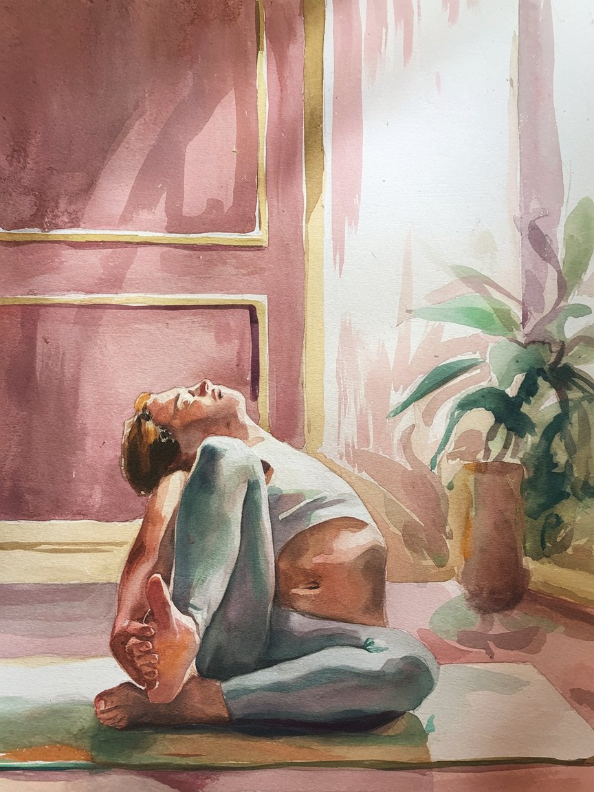 Person in gentle yoga pose releasing back tension with healing light