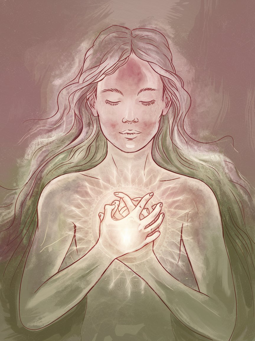 Woman with hand on heart and soft glowing heart chakra light