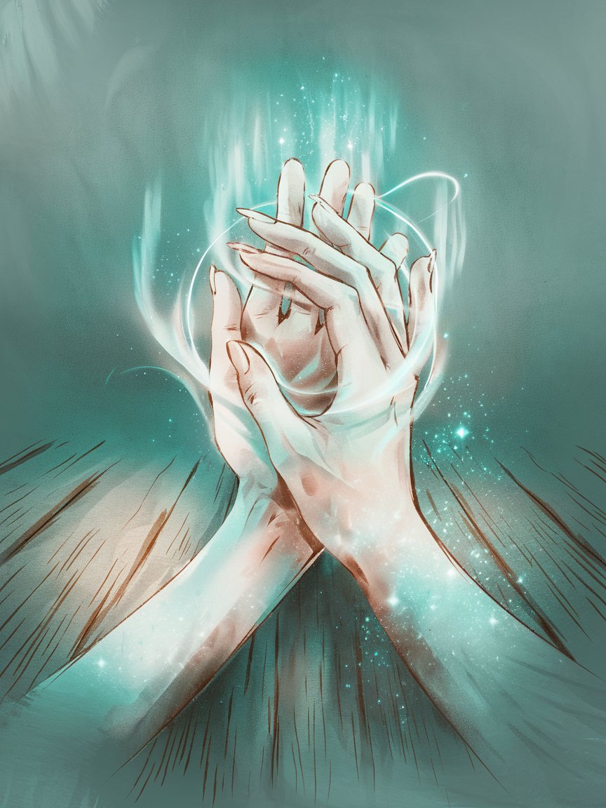 Feminine hands with cold ethereal blue energy emanating
