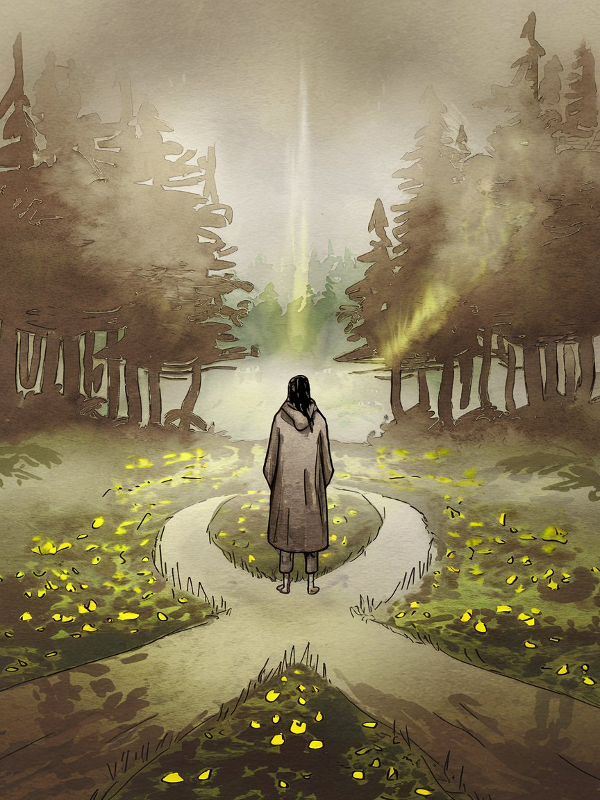 Person standing at crossroads in misty forest representing spiritual choices