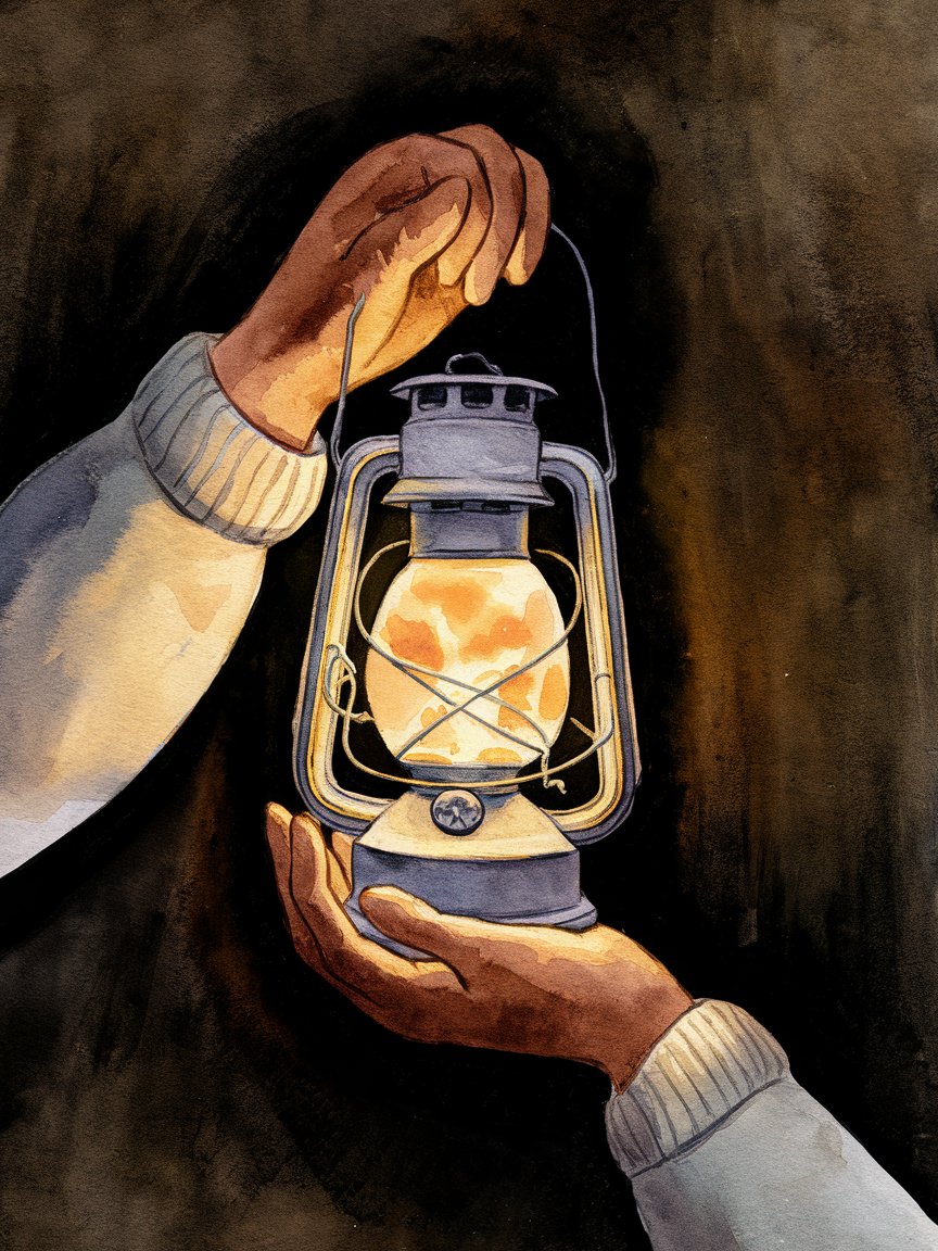 Hands holding a glowing lantern in darkness representing inner light and guidance