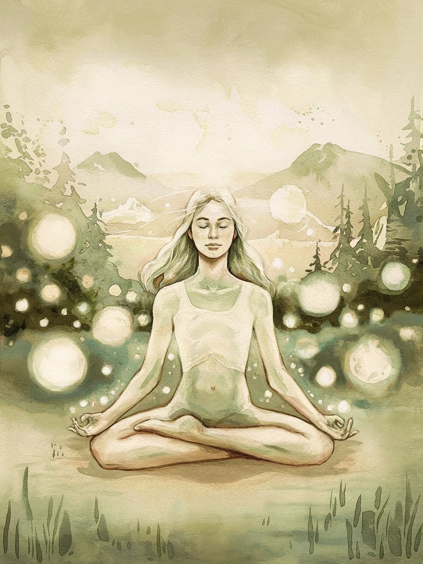 Woman meditating surrounded by soft light, reconnecting with spirit