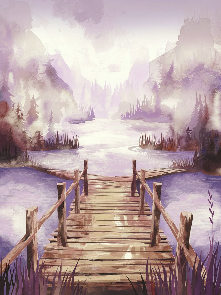 Bridge over calm misty water symbolizing spiritual transition and reconnection