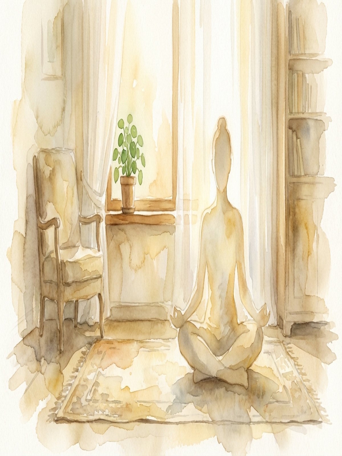 Peaceful breathwork meditation scene with soft light and calming atmosphere