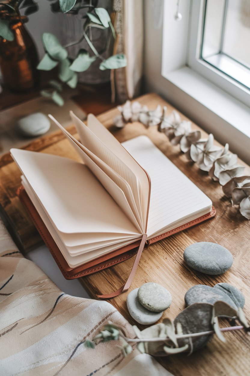 healing journal with stones and eucalyptus for emotional release journaling