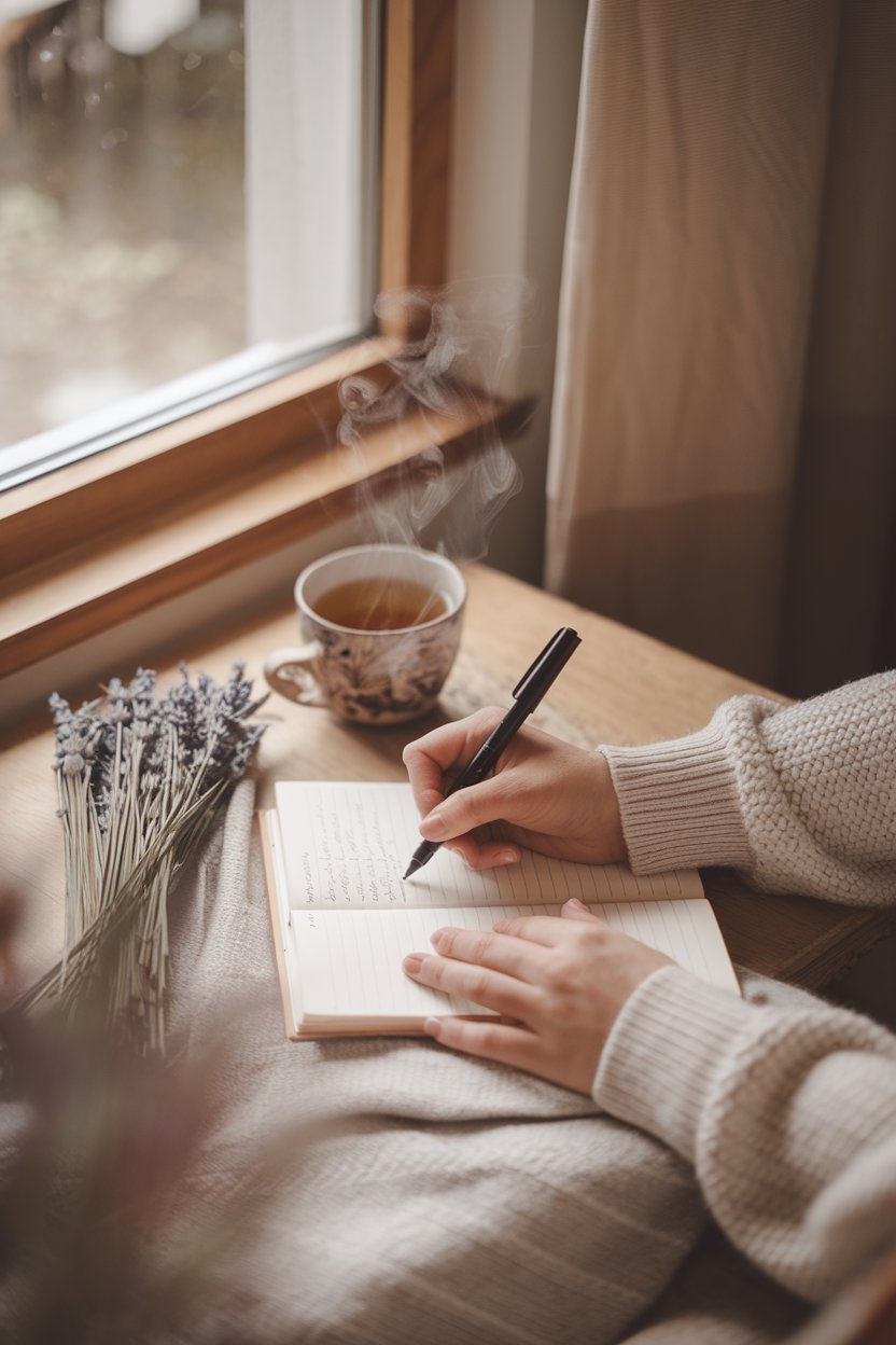hands writing in journal with tea and lavender for therapeutic journaling