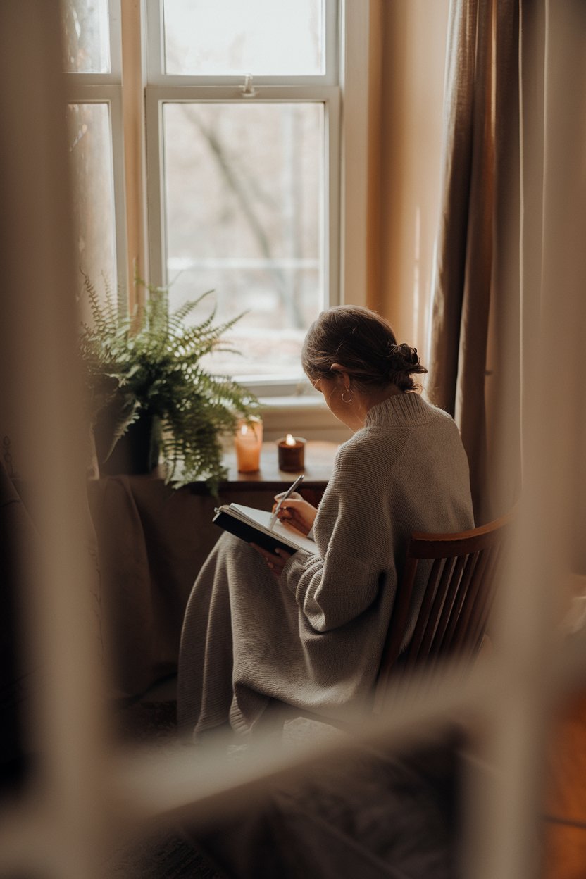 woman journaling by window for self-healing practice