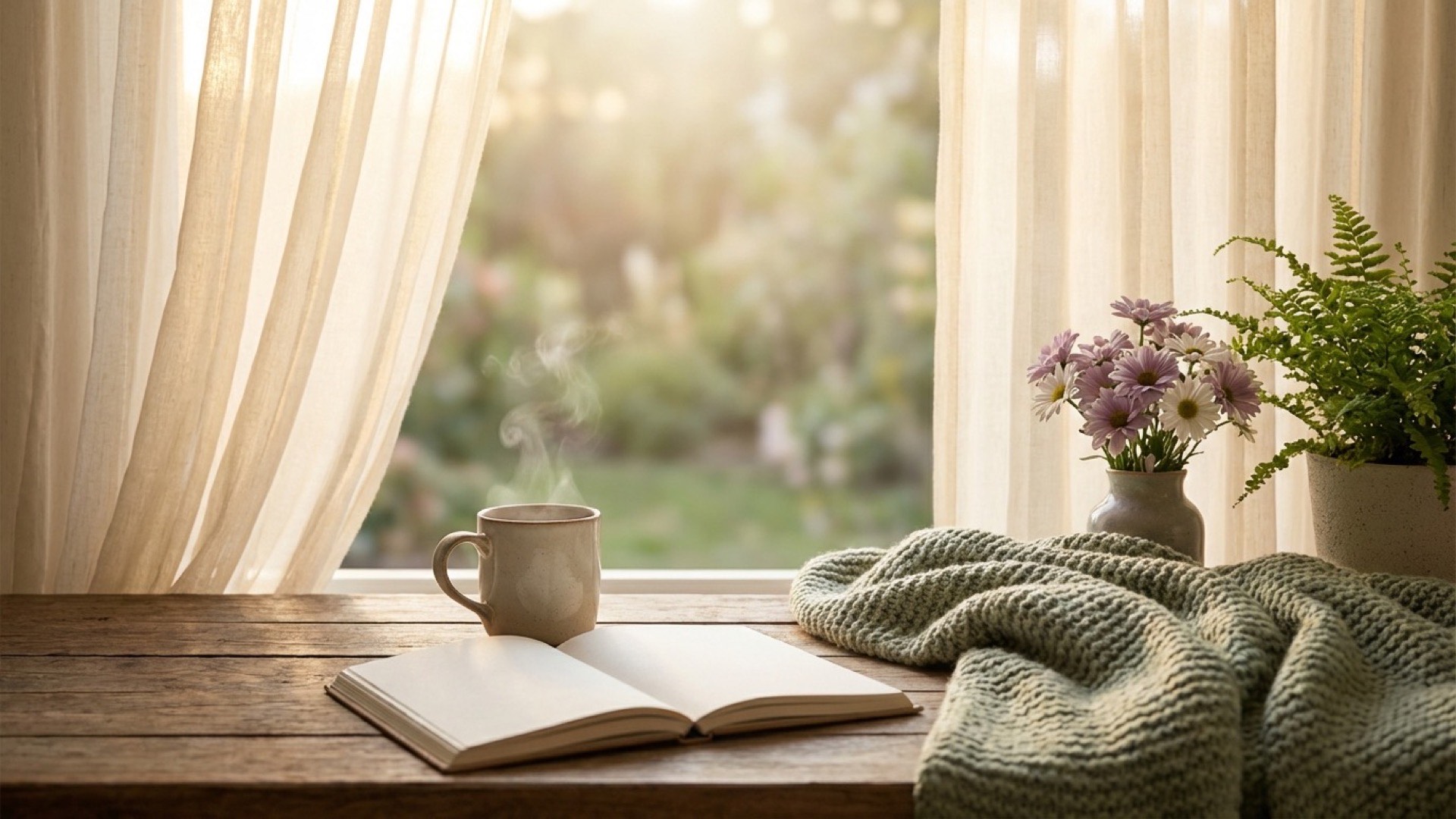 Peaceful morning scene with herbal tea and journal bathed in golden morning light - mindful morning routine
