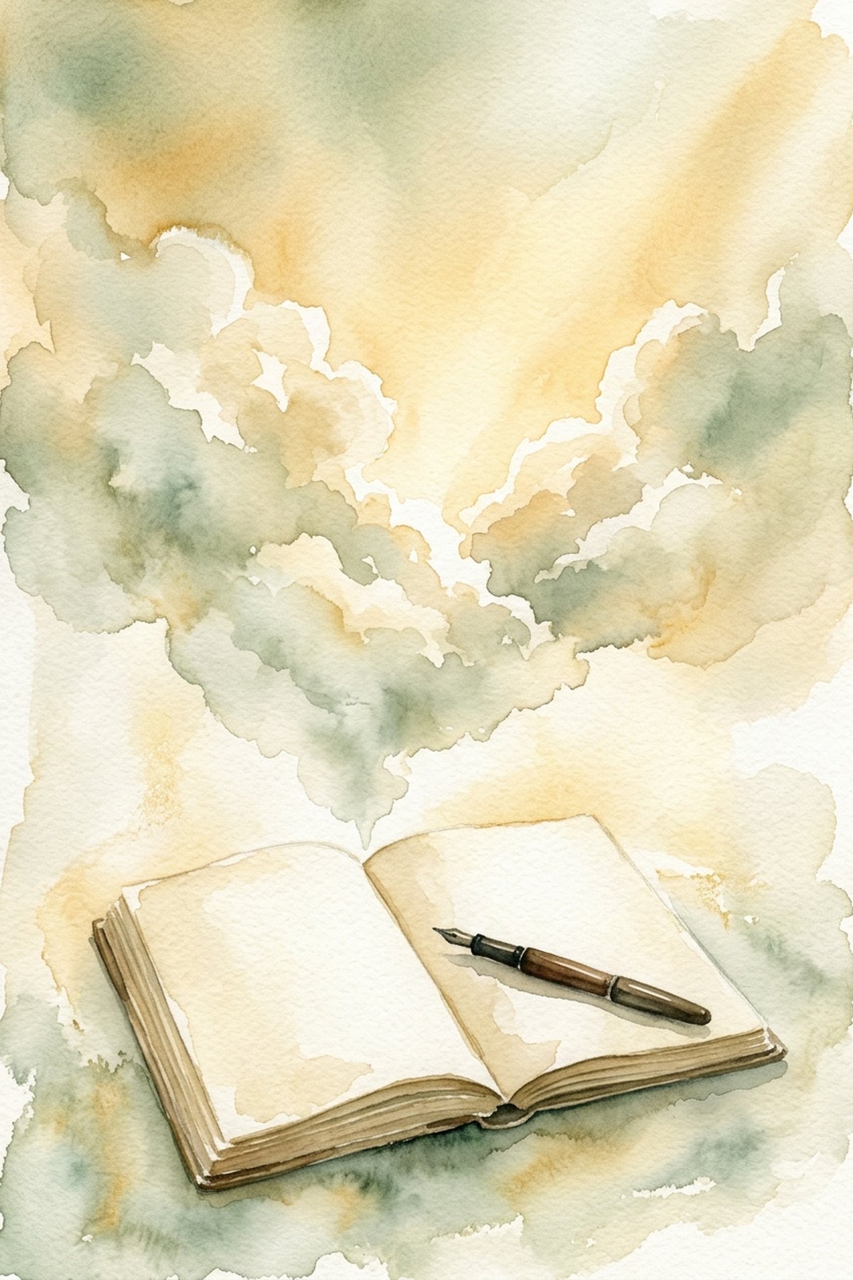 An open notebook beneath a soft watercolour cloud lifting into golden light — the feeling of a brain dump clearing a busy mind