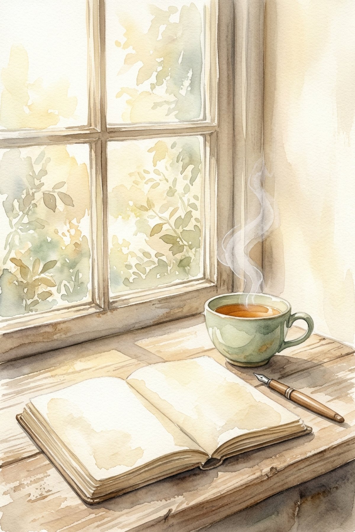 A brain dump in progress — an open journal with a cup of tea in soft morning light, watercolour style