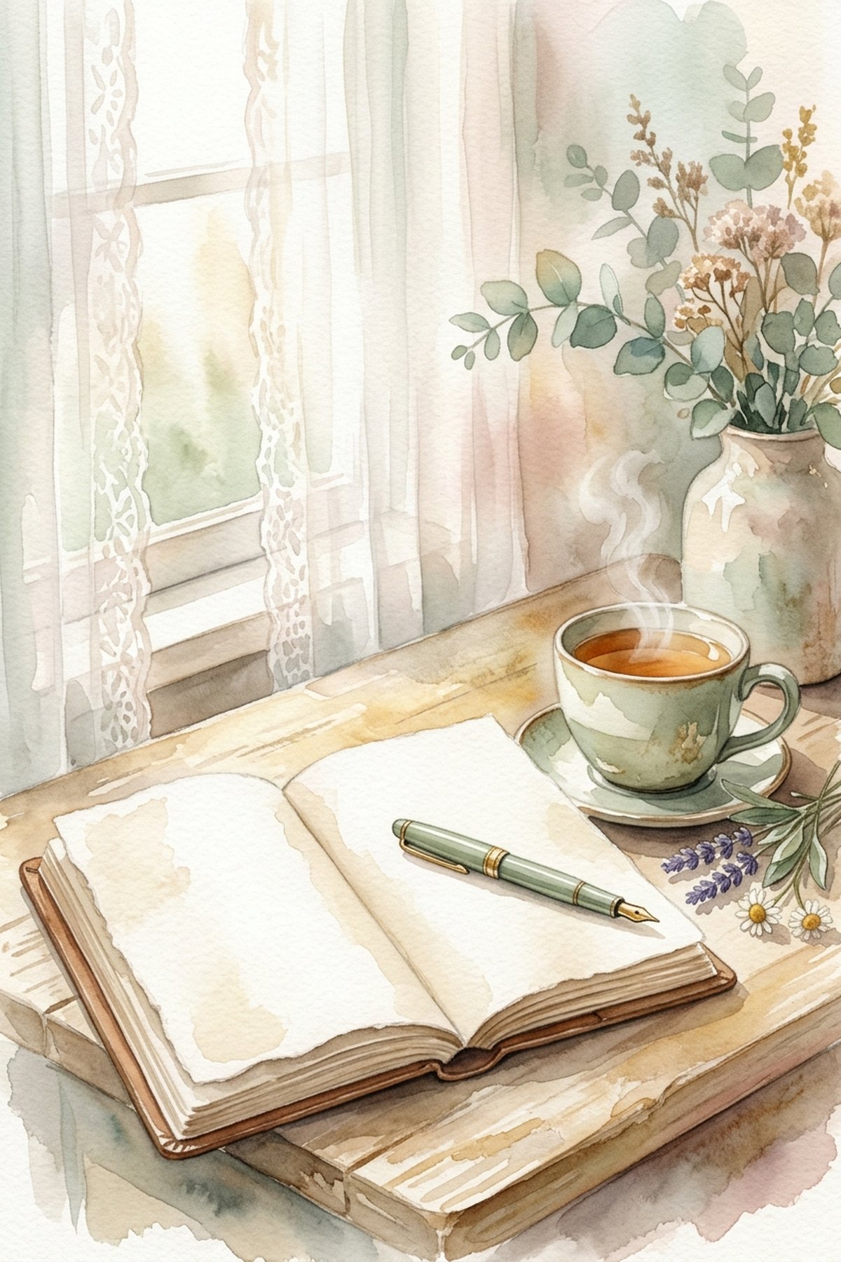 An open journal with a cup of tea in soft morning light — a gentle setting for journaling for overthinking