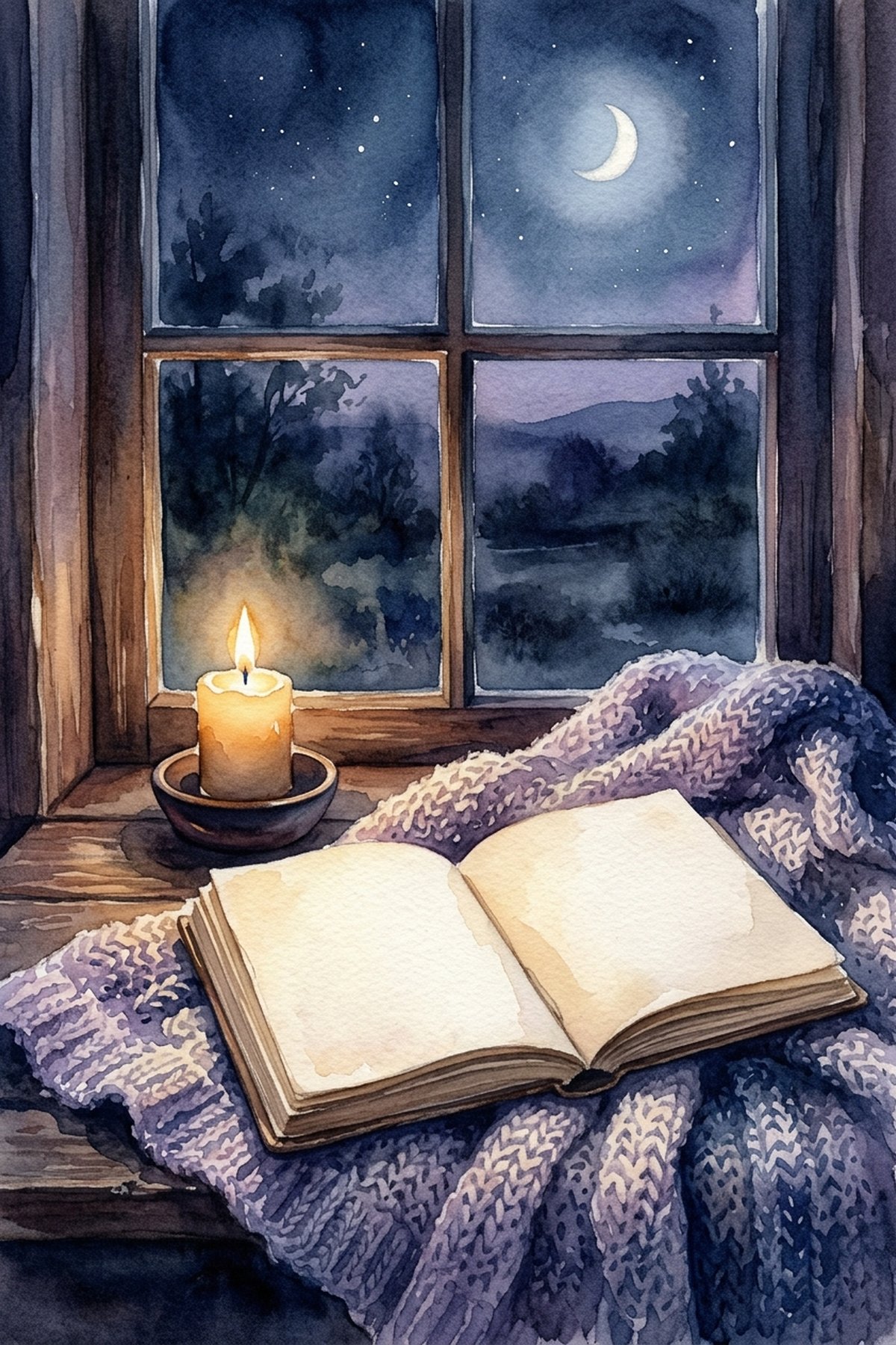 A candlelit journal by a moonlit window — night-time journal prompts for overthinking