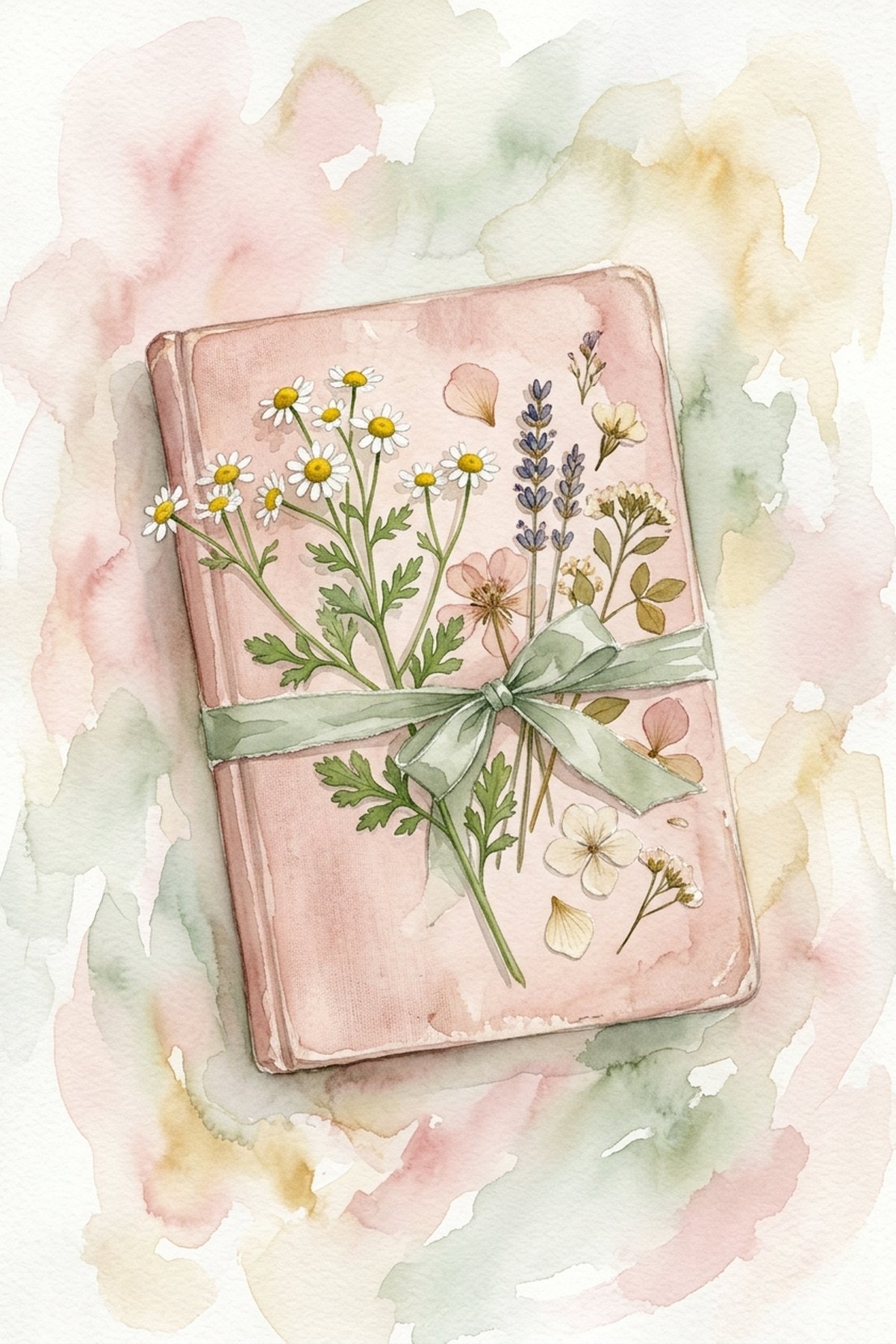 A journal with pressed flowers and soft watercolour washes — a gentle five-minute journaling practice for overthinking