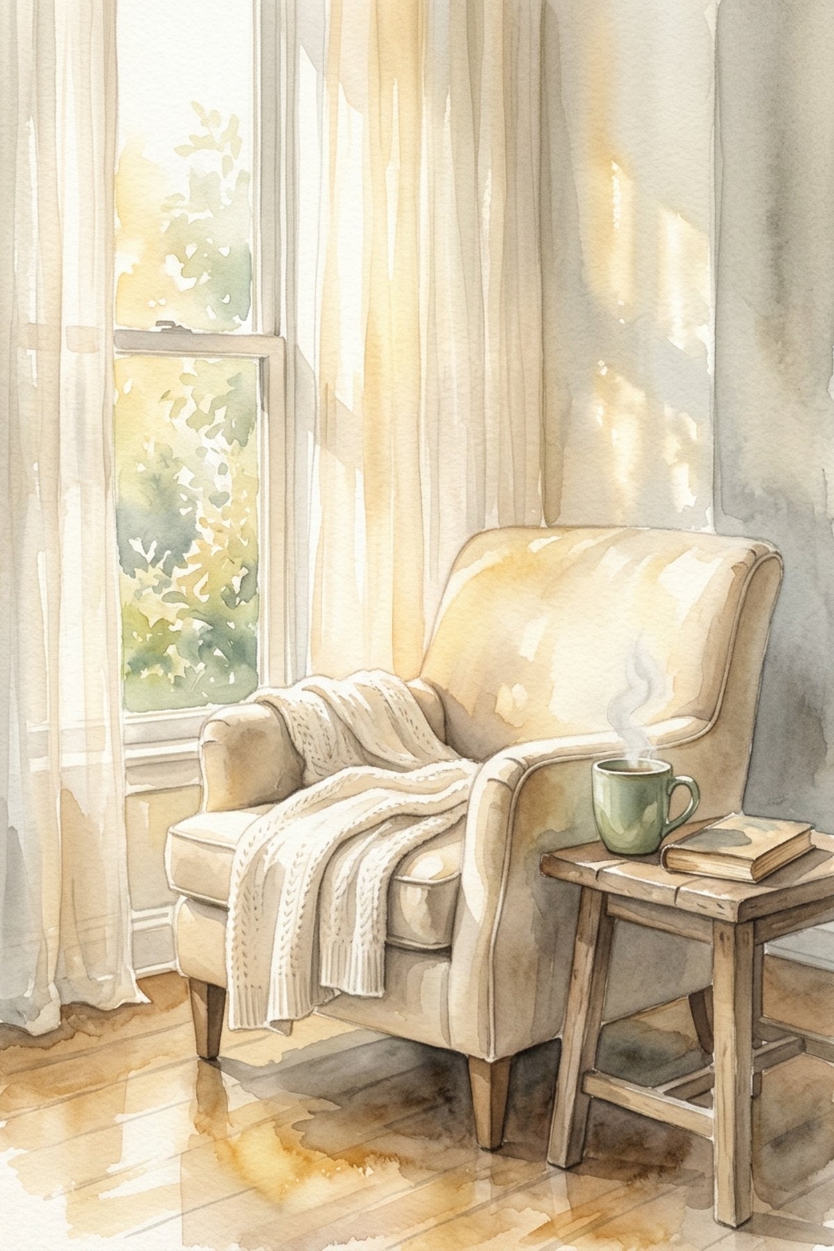 Soft golden morning light through sheer curtains onto an armchair with a folded blanket — the landing feeling of a soulful Sunday reset