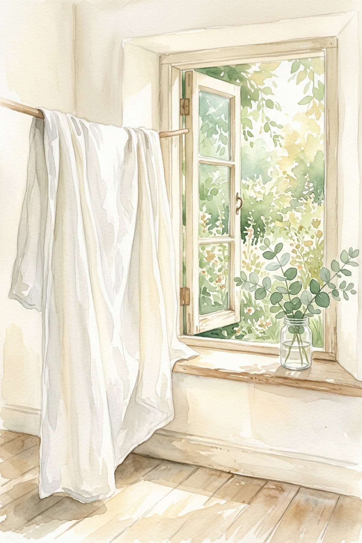 Fresh white linen airing by an open window in soft watercolour washes — letting the week air out during a Sunday reset routine