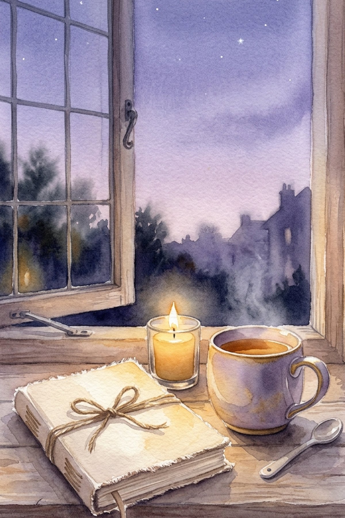 A closed journal beside a lit candle and warm mug under a dusky lavender window — landing softly at the end of a Sunday night routine