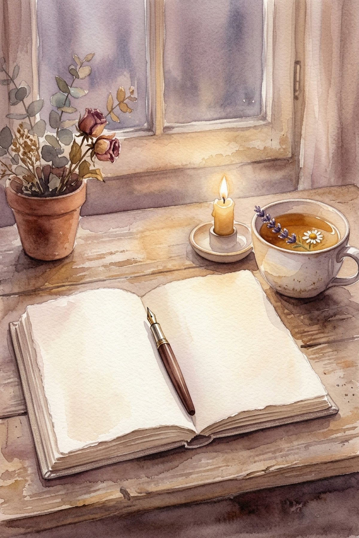An open worry journal beside a candle and cup of tea in soft evening light — a gentle setting for a worry journal practice