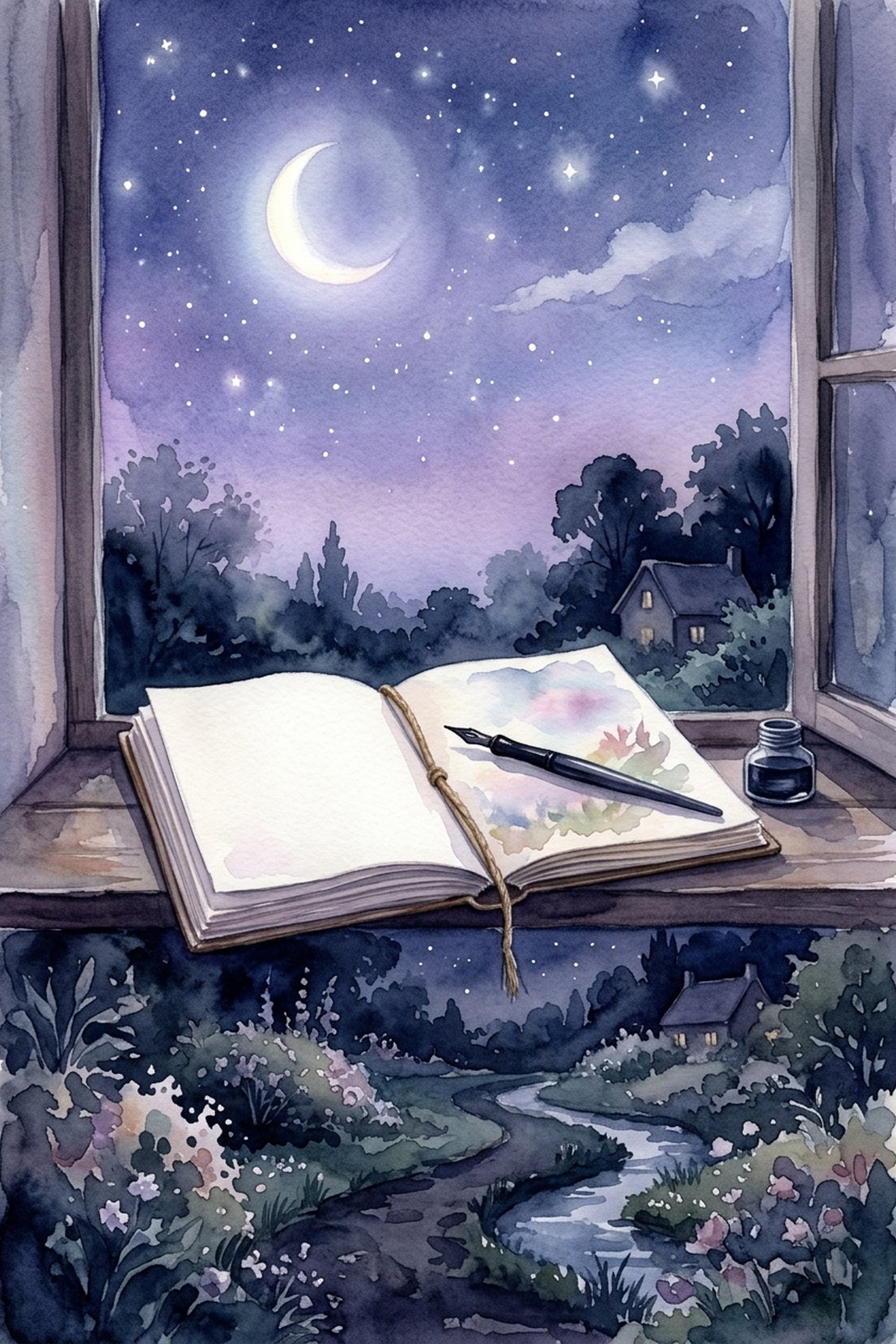 A worry journal and pen by a moonlit window at night — the bedtime worry dump practice