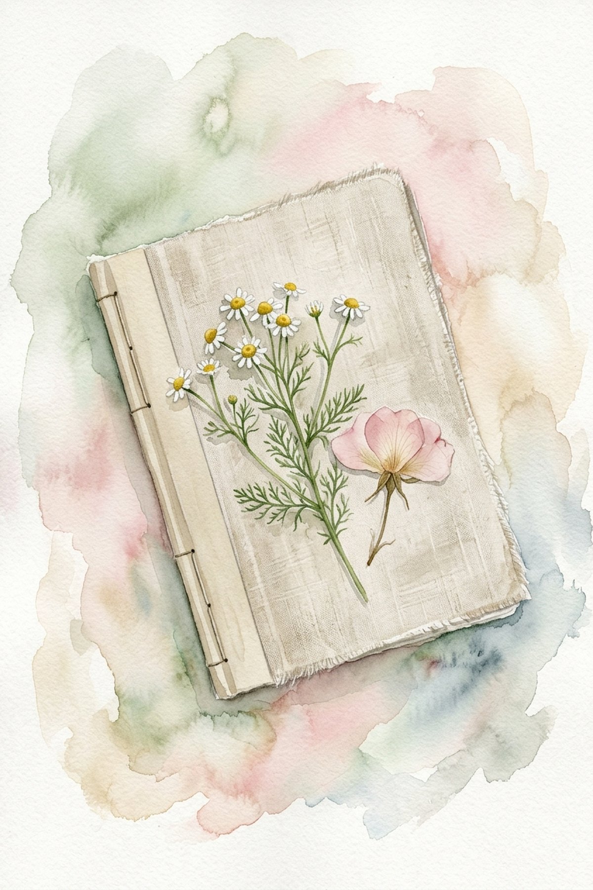 A closed journal with chamomile sprigs resting on top in soft watercolour washes — a worry journal practice complete for the night