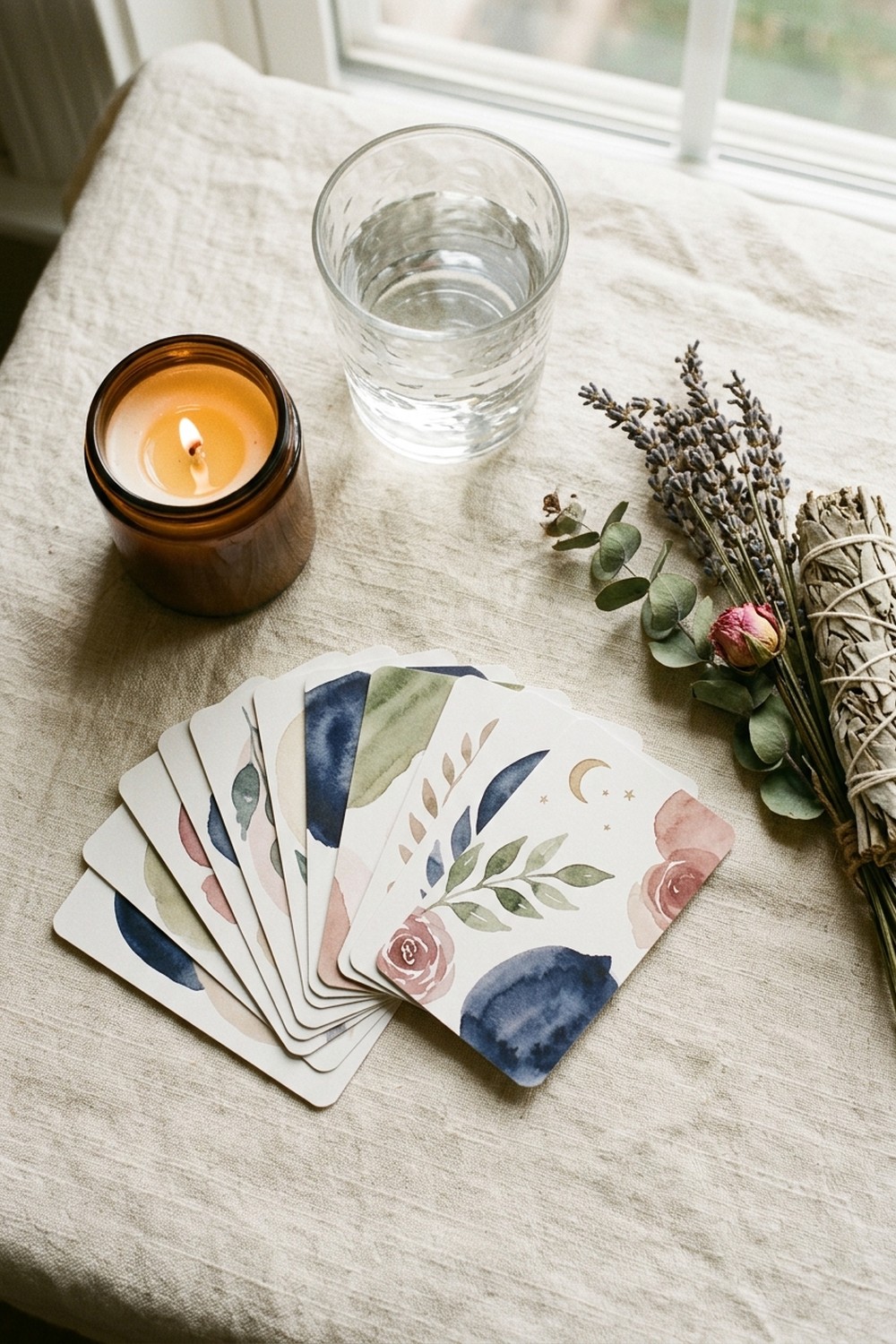 A deck of printable grounding cards fanned beside a candle and a glass of water